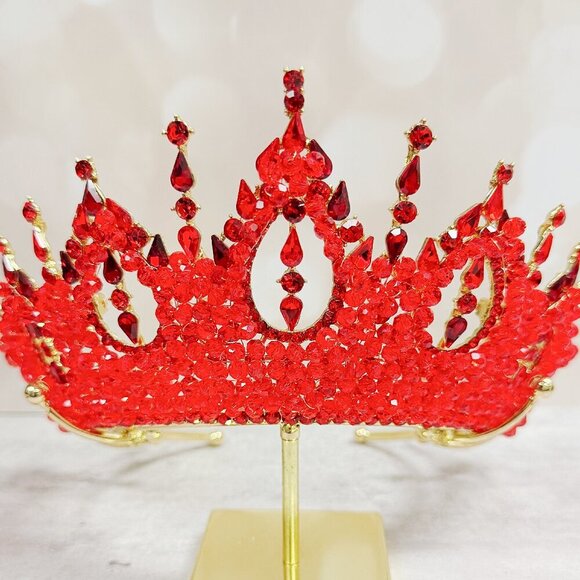 Gold Princess Crown, Prom headpiece, Bridal tiara, Red Crystal wedding crown main image 8